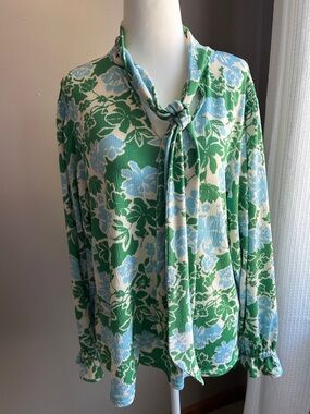MELLODAY Green Blue Cream Floral Tie-Neck Blouse with Ruffle Cuffs Size L
